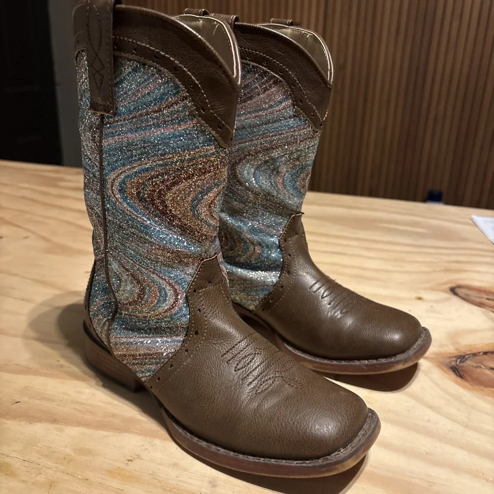 Roper Kids Girls Size 2 Brown Faux Leather Glitter Swirl Cowboy Boots